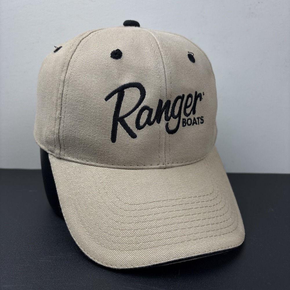 Ranger Boats Script Logo Strapback Hat Khaki Tan Black Embroidered Fishing Cap